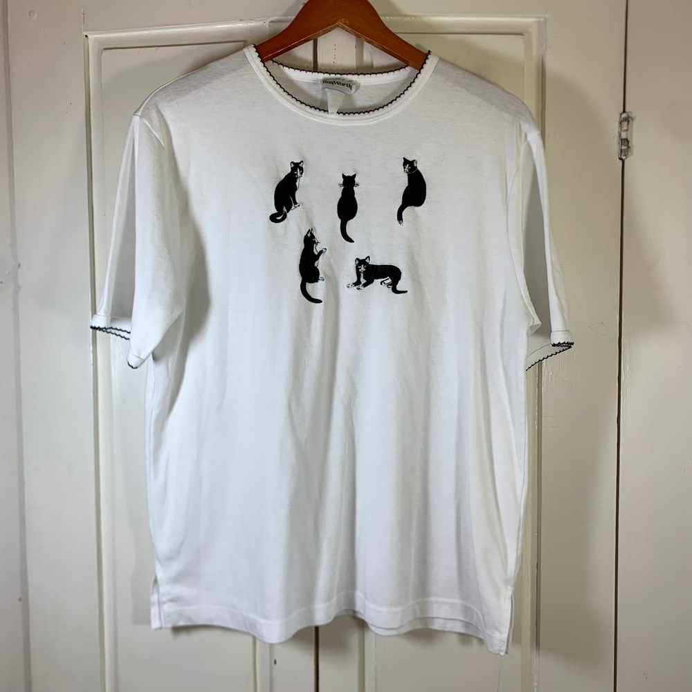BonWorth Womens White Tuxedo Cat Embroidered Top Picot Trim Short Sleeve Small